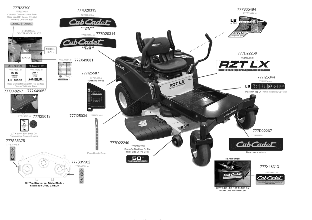 Label Map Diagram and Parts List for RZT-LX50KW (17AICAXZ010)(2017) Cub Cadet Lawn Tractor